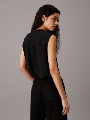 ck black collarless sleeveless blouse for women calvin klein