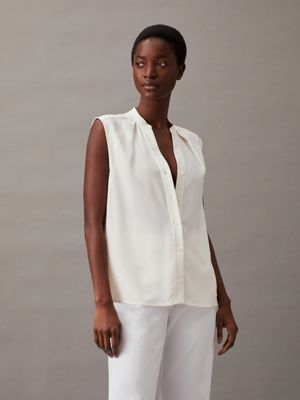 white collarless sleeveless blouse for women calvin klein