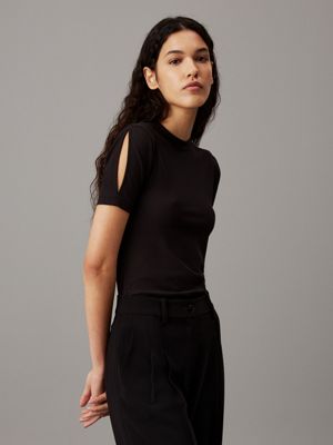 black slim ribbed modal top for women calvin klein