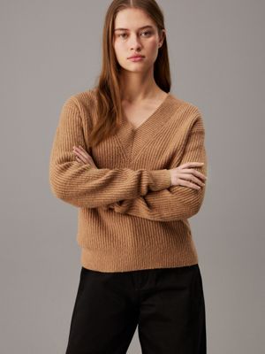 grey boucle ribbed v-neck jumper for women calvin klein