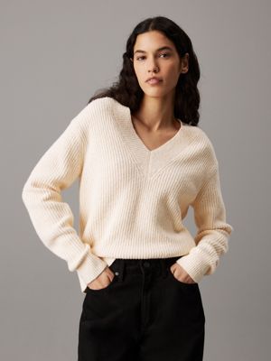 pink boucle ribbed v-neck jumper for women calvin klein