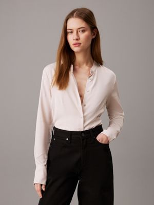 grey viscose twill collarless shirt for women calvin klein