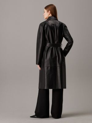 ck black leather wrap trench coat for women calvin klein