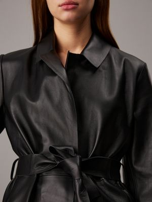 ck black leather wrap trench coat for women calvin klein