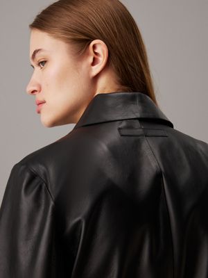 ck black leather wrap trench coat for women calvin klein