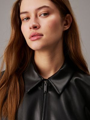 ck black relaxed leather jacket for women calvin klein