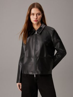 black relaxed leather jacket for women calvin klein