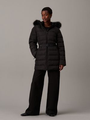 black scuba padded belted coat for women calvin klein