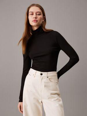 black fitted ribbed mock neck top for women calvin klein