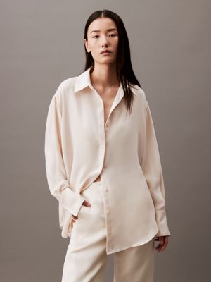 beige classic button-down tunic shirt for women calvin klein