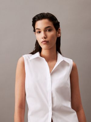brilliant white top z wycięciem z popeliny ze stretchem dla kobiety - calvin klein