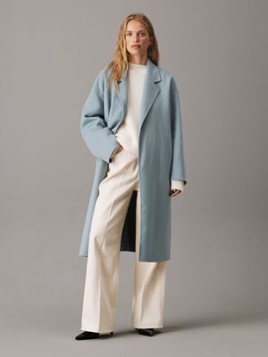 blue relaxed wool wrap coat for women calvin klein