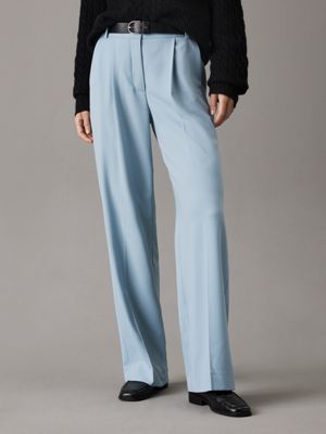 pastel blue wide leg stretch wool trousers for women calvin klein