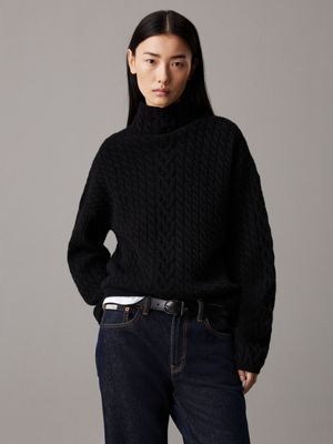 black relaxed cable knit jumper for women calvin klein