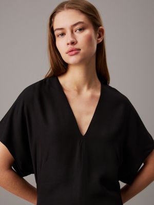 ck black viscose twill flared dress for women calvin klein