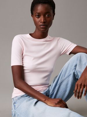 crystal pink slim ribbed modal t-shirt for women calvin klein