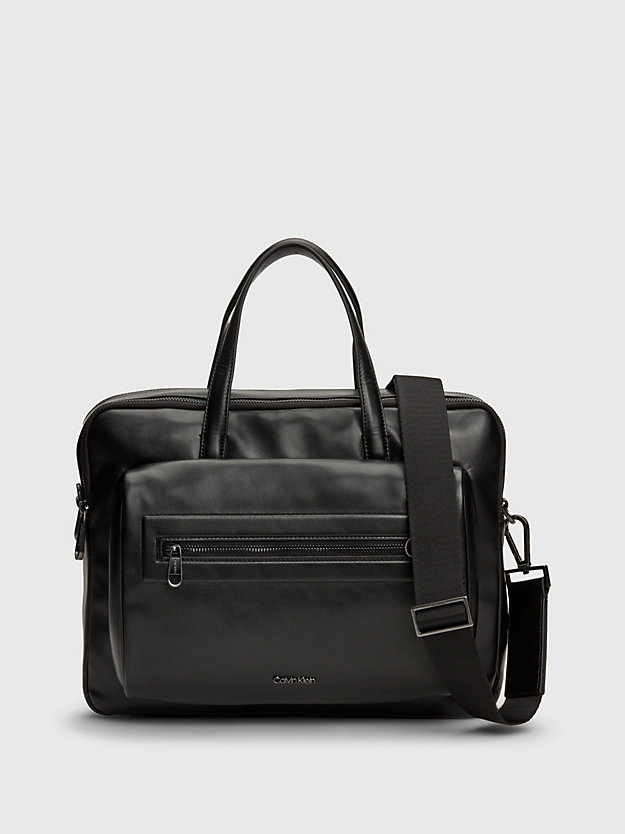 ck black smooth faux leather laptop bag for men calvin klein