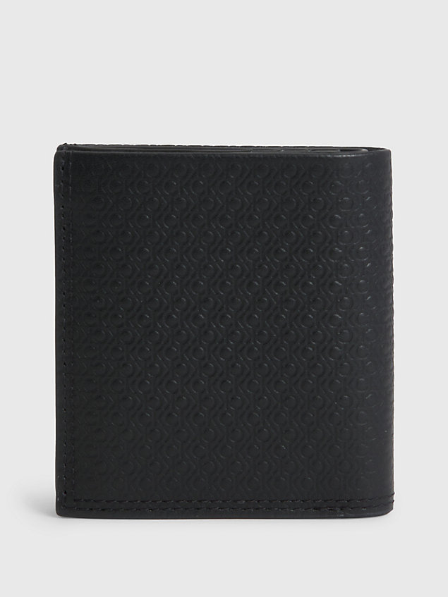 black leather rfid logo trifold wallet for men calvin klein
