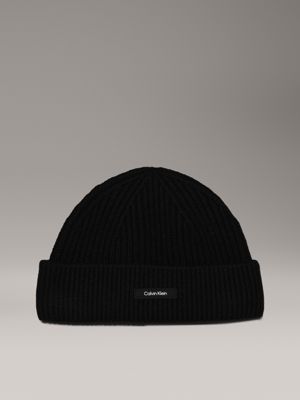 black warm wool blend beanie for men calvin klein