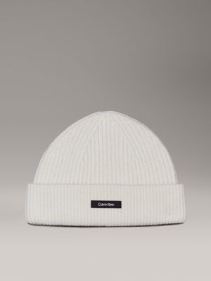 white warm wool blend beanie for men calvin klein