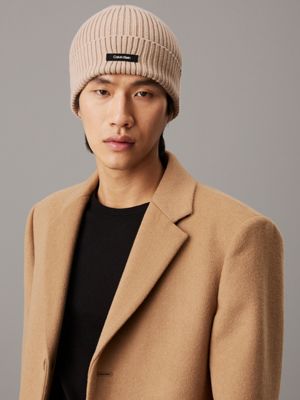 stony beige knit beanie for men calvin klein