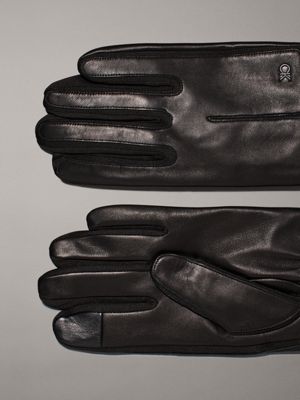 ck black leather and neoprene touchscreen gloves for men calvin klein