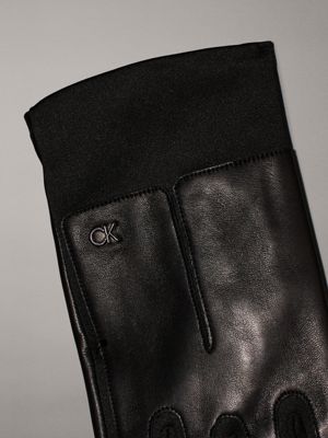 ck black leather and neoprene touchscreen gloves for men calvin klein