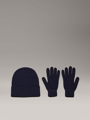 blue wool blend beanie and gloves gift set for men calvin klein jeans