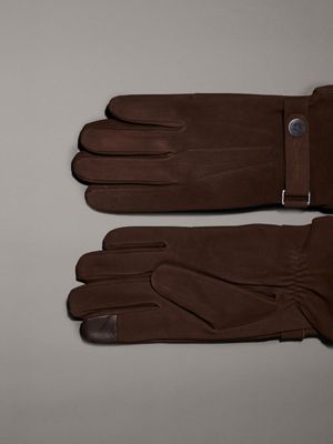 java brown nubuck leather touchscreen gloves for men calvin klein