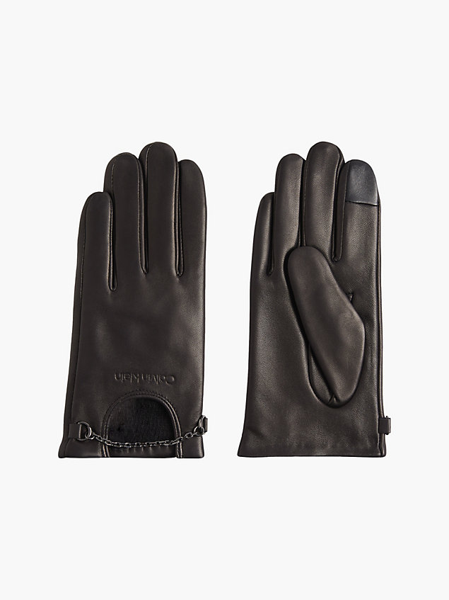 black leather gloves with chain for women calvin klein