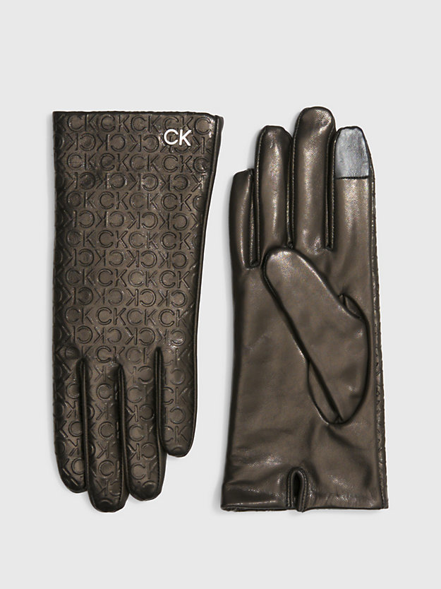 ck black embossed leather gloves for women calvin klein
