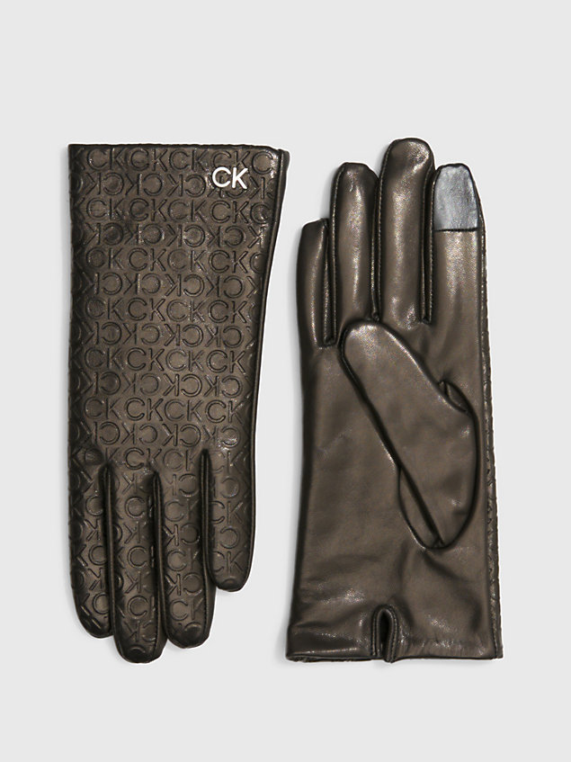black embossed leather gloves for women calvin klein