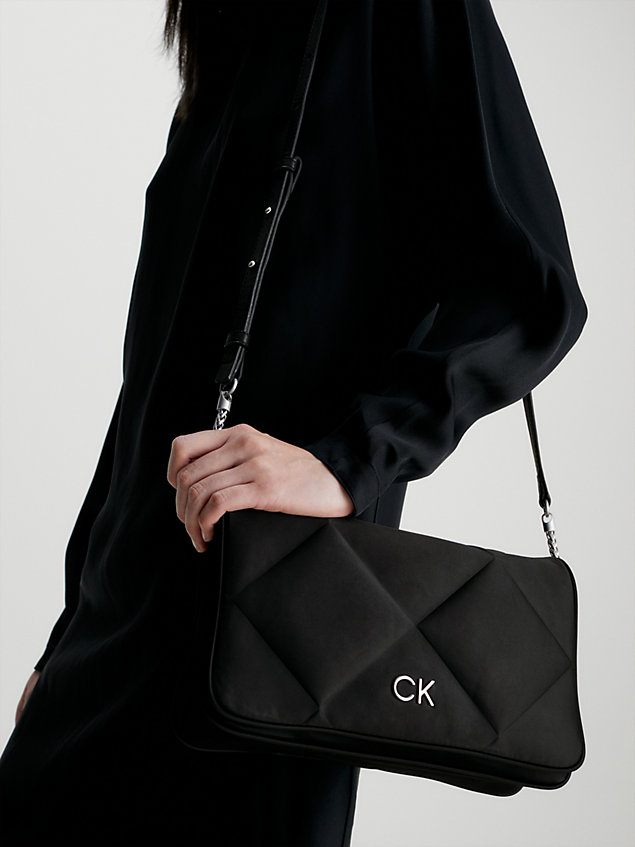 black satin quilted shoulder bag for women calvin klein