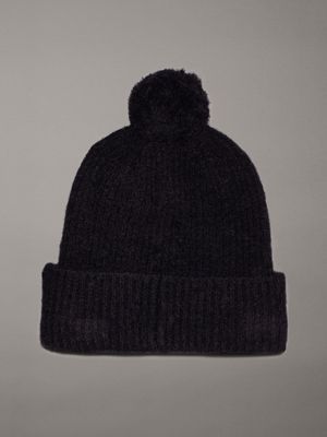 ck black soft pom-pom beanie for women calvin klein