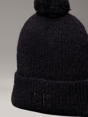 ck black soft pom-pom beanie for women calvin klein