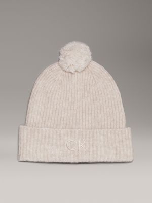 grey soft pom-pom beanie for women calvin klein