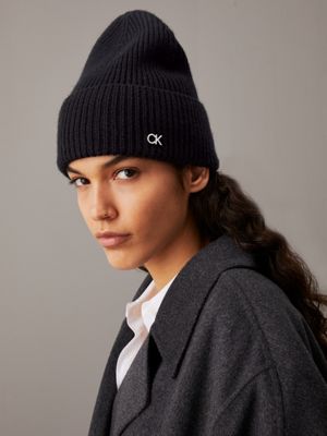 ck black wool cashmere blend beanie for women calvin klein