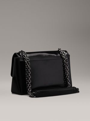 ck black convertible shiny logo shoulder bag for women calvin klein