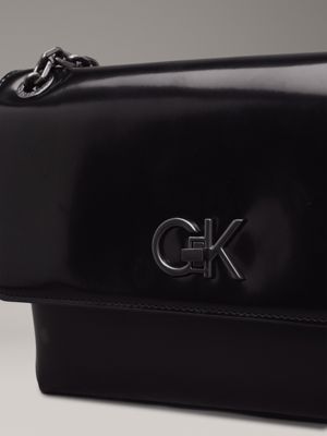 ck black convertible shiny logo shoulder bag for women calvin klein