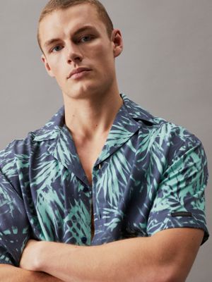 ck palm green/blue aop all-over printed beach shirt for men calvin klein