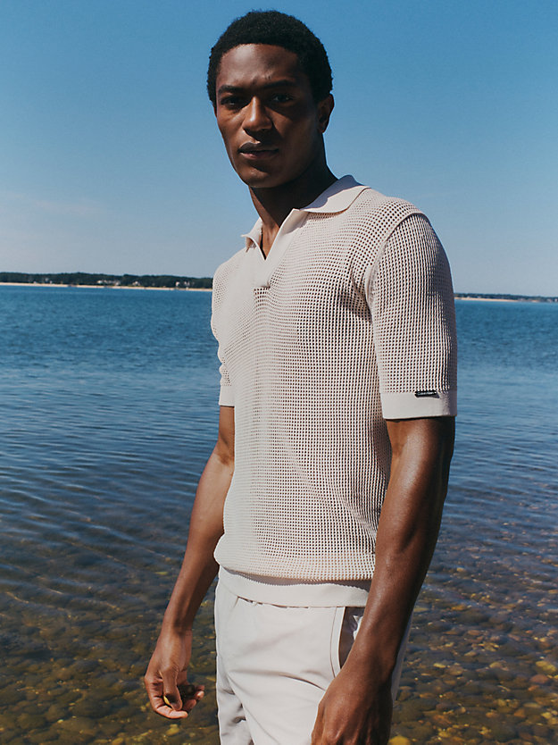 stony beige open knit beach polo shirt for men calvin klein