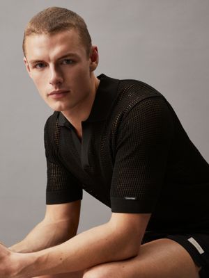 pvh black open knit beach polo shirt for men calvin klein