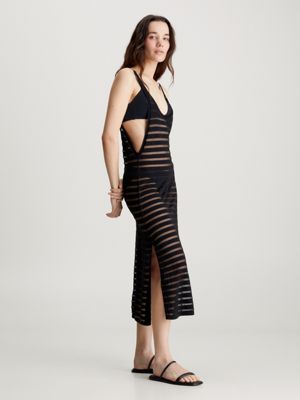 Black Sheer Knit Stripe Midi Dress