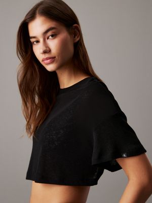 pvh black cropped rib jersey beach t-shirt for women calvin klein