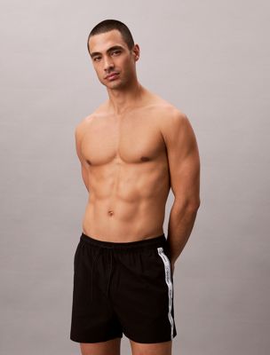 black short drawstring swim shorts - logo tape for men calvin klein