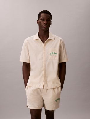 beige cotton crest logo pyjama top for men calvin klein