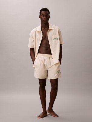 beige cotton crest logo pyjama shorts for men calvin klein