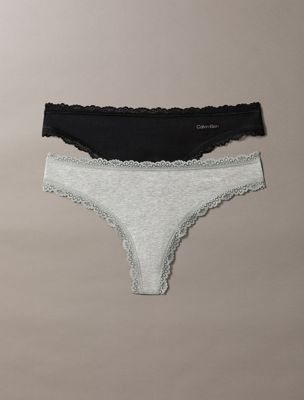 multi 2 pack thongs - cotton stretch lace trim for women calvin klein