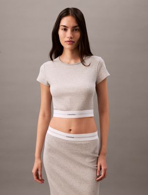 grey cropped lounge t-shirt - cotton stretch rib for women calvin klein