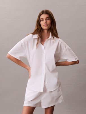 white pyjama-button-down-hemd aus baumwolle-popeline für damen - calvin klein